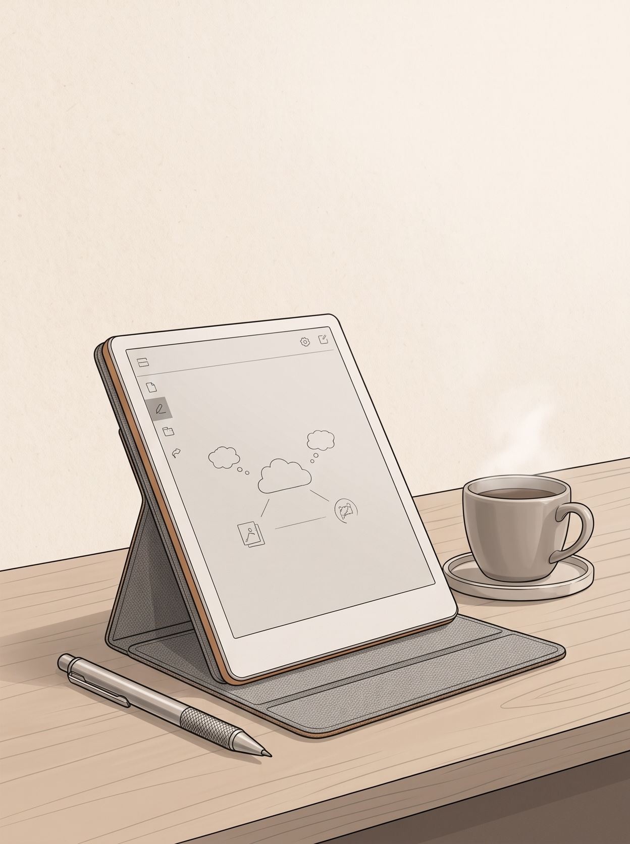 Minimalistyczny notatnik E-ink na biurku z rysikiem i filiżanką kawy